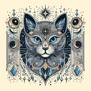 May include: A detailed illustration of a cat's face with intricate patterns and a celestial theme. The cat's eyes are blue, and the background features stars, moons, and geometric shapes in shades of blue, gold, and white.