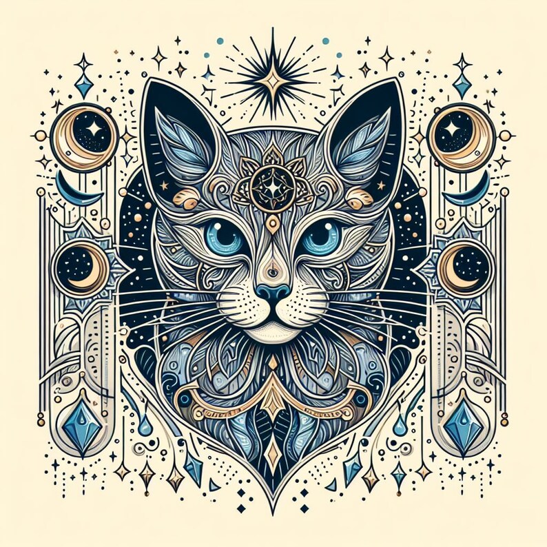 May include: A detailed illustration of a cat's face with intricate patterns and a celestial theme. The cat's eyes are blue, and the background features stars, moons, and geometric shapes in shades of blue, gold, and white.