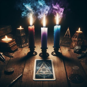 May include: Three lit candles with colored wax, a tarot card with a geometric design, and other decorative items on a wooden table. The candles are in front of a dark background with smoke rising from them.