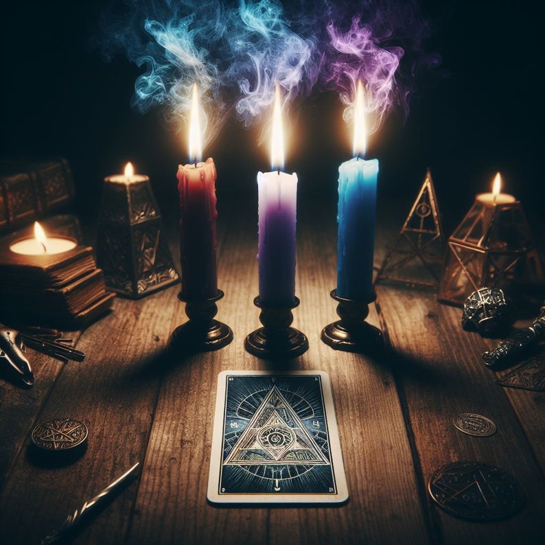 May include: Three lit candles with colored wax, a tarot card with a geometric design, and other decorative items on a wooden table. The candles are in front of a dark background with smoke rising from them.