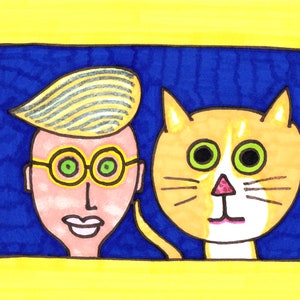 Original Art by Jay Snelling. Outsider Art Brut. A Man and His Cat... Unframed