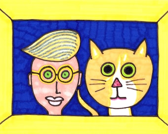 Original Art by Jay Snelling. Outsider Art Brut. A Man and His Cat... Unframed