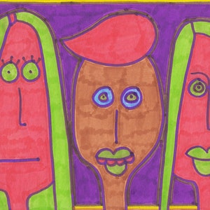 Three Friends – Original Outsider Art by Jay Snelling | Colourful Small Art Brut Portrait on Card (Unframed)