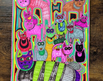Reunión de gatos – Pintura original de gatos de un artista marginal, arte popular de colores neón, 9x12 pulgadas, Jay Snelling