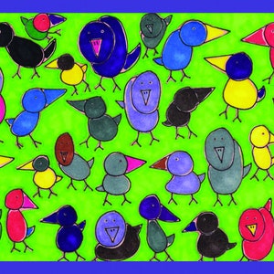 Cartolina d'arte - Molti uccelli sul verde, formato A6, piccola stampa Outsider, Art Brut, cartolina. Natura e giardinaggio. Jay Snell