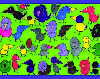 Art Postcard - Many Birds on Green, A6 Size, Small Outsider Print, Art Brut, Postcard. Nature and Gardening. Jay Snelling