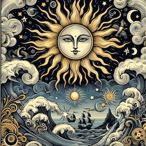 May include: A vintage-style illustration of a sun with a human face, surrounded by stars and clouds. Below, a scene of waves crashing against a rocky shore with a ship sailing on the water.
