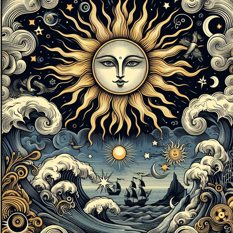 May include: A vintage-style illustration of a sun with a human face, surrounded by stars and clouds. Below, a scene of waves crashing against a rocky shore with a ship sailing on the water.