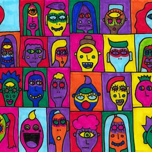 Original Art by Jay Snelling. Outsider Art Brut. 28 Friends. Unframed