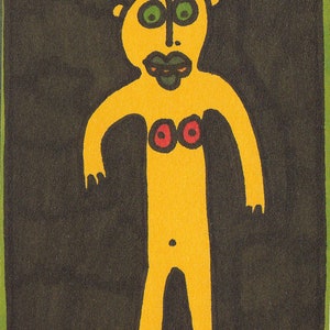 Pequeño arte de Jay Snelling. Arte forastero Brut. Minidibujo. ACOE. ATC. Ojos verdes... Pequeña pieza de arte original.
