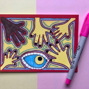 Outsider-Postkarte: Fünf Hände und ein Auge. Alternative Weihnachtskarte, Schneckenpost
