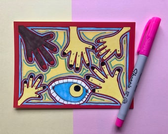 Outsider postcard: Five Hands and an Eye. Alternative Christmas Card, Snailmail