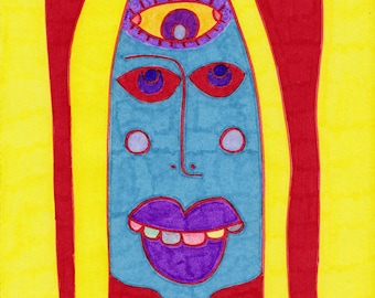 May include: A colorful abstract portrait of a person with a third eye, blue skin, and purple lips. The person is framed in a yellow and red frame.