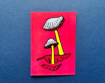 Art Postcard - Mushrooms on Red, A6 Size, Small Outsider Print, Art Brut, Postcard. Fungi and Nature. Jay Snelling