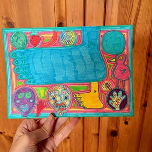 Colourful Surreal Foot and Faces – Original Abstract Drawing in Ink, Acrylic & Coloured Pencil on A5 Card