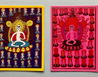 Set of Art Postcards - Meditating Buddhas, A6 Size, Small Outsider Prints, Art Brut, Postcards. Zen. Mindfulness. Jay Snelling