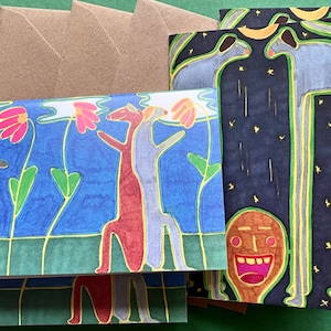 4 cartes de voeux pour chiens inspirées de l'art populaire. 4 x cartes de Noël, outsider art brut Illustration, carte de voeux, anniversaire
