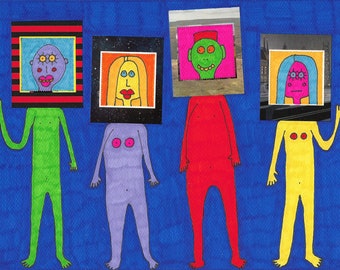 Original Drawing / Collage by Jay Snelling. Outsider Art Brut. Four Boxheads