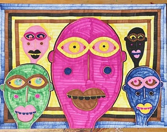 May include: A colorful drawing of five faces with different features and colors. The faces are drawn in a cartoon style and are set against a yellow background.
