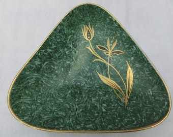 Vintage Gerold Porzellan Bavaria Plate – Green & Gold Triangular Dish – West Germany 1950s MCM Trinket Bowl