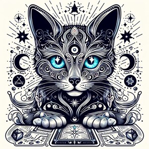 May include: A black and white illustration of a cat with blue eyes. The cat is surrounded by intricate designs and symbols, including stars, moons, and geometric shapes. The cat is sitting on a table with a deck of cards in front of it.
