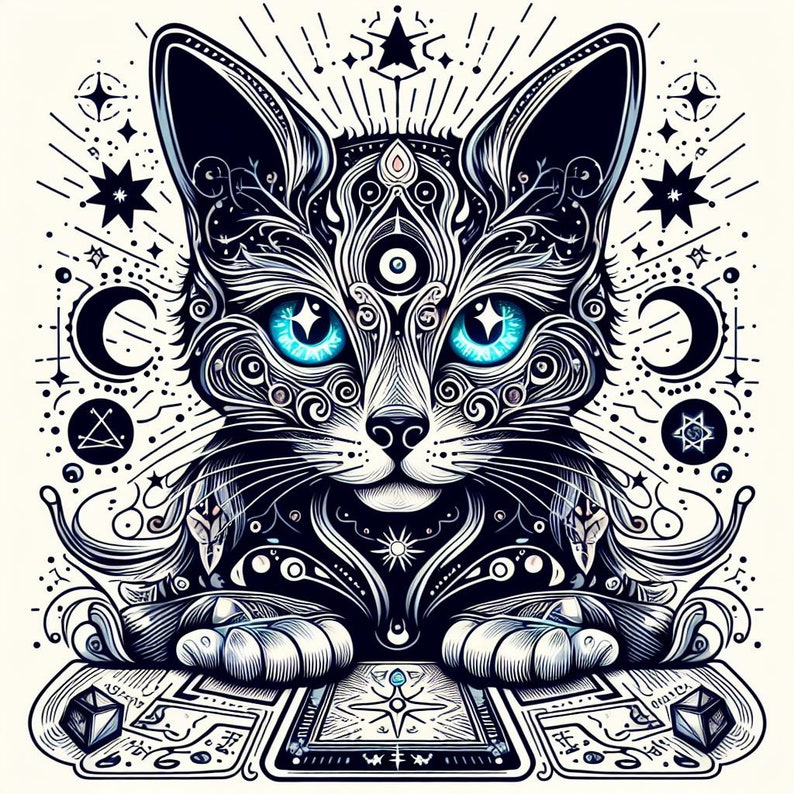 May include: A black and white illustration of a cat with blue eyes. The cat is surrounded by intricate designs and symbols, including stars, moons, and geometric shapes. The cat is sitting on a table with a deck of cards in front of it.