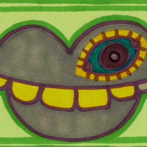 Pequeño arte de Jay Snelling. Arte forastero Brut. Minipintura. ACOE. ATC. Sonríe... Pequeña pieza de arte original.