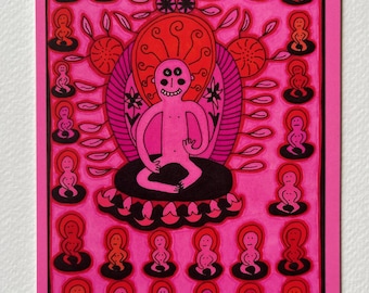 Pink Buddha Postcard – A6 Art Brut Print by Jay Snelling | Outsider Art, Meditation Vibes