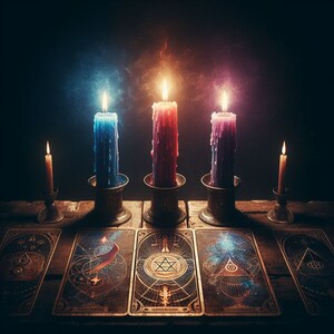 May include: Five candles, three lit, on a wooden table with tarot cards. The candles are in ornate holders and are blue, red, and purple. The cards are spread out in front of the candles and have intricate designs.