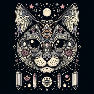 May include: A detailed illustration of a cat's face with a third eye and intricate patterns. The cat is surrounded by stars, crystals, and other mystical symbols.