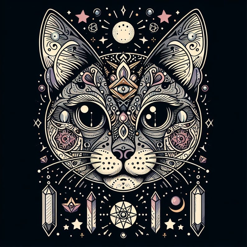 May include: A detailed illustration of a cat's face with a third eye and intricate patterns. The cat is surrounded by stars, crystals, and other mystical symbols.