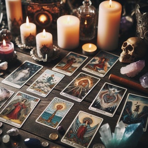 May include: A tarot card reading spread with lit candles, crystals, and a skull. The cards are laid out on a wooden table and feature various illustrations and text, including "The World", "The Lovers", and "The Chariot".