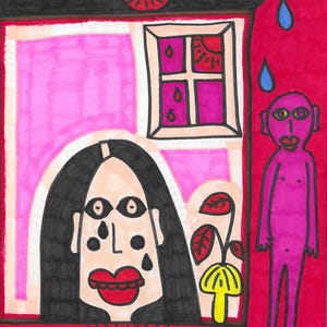 Vigilante en la habitación – Dibujo original A5 / Arte marginal brut, rostros surrealistas, tinta sobre cartulina