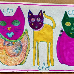 Colourful Cat Trio – Original Ink, Pencil & Acrylic Painting on Handmade Paper – 6.7 x 4.8