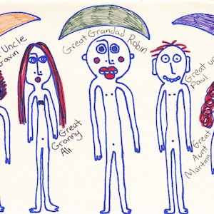 Original-Zeichnung/Malerei von Jay Snelling - Outsider Art Brut - Ungewöhnliches Kunstwerk - Signiert. Gebrechliche Vorfahren. Gekritzel Zeichnung