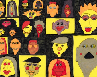 May include: A colorful illustration of 16 faces with various expressions and features. The faces are drawn in a cartoon style with bold lines and bright colors. The background is a yellow and black grid.