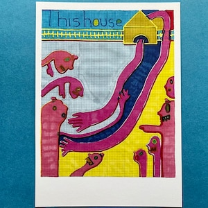 Outsider Art Brut Signed Art Print, &#39;This House&#39;, Unusual Wall Art Print, Strange Poster Print, Pink, Jay Snelling, Figures.