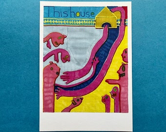 Outsider Art Brut Signed Art Print, 'This House', Unusual Wall Art Print, Strange Poster Print, Pink, Jay Snelling, Figures.
