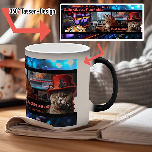 Video-Editoren Tasse die Farben wechselt für den Beruf Cutter Editor Homeoffice Arbeit Büro Technik Job Katzenliebhaber Katzen Rechner Avid