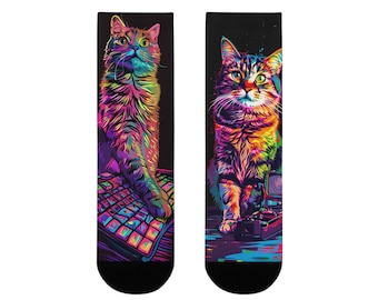 Chaussettes pour les fans de chats colorés travaillent sur le clavier caméra abstraite chatons drôles chaussettes hipster colorées bureau cool chaussettes à la mode câlin