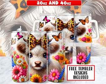 Könnte beinhalten: Zwei weiße Becher mit einem Kuh- und Blumendesign. Die Becher sind 20oz und 40oz. Der Text "Free Tumbler Designs Included" befindet sich am unteren Rand des Bildes.