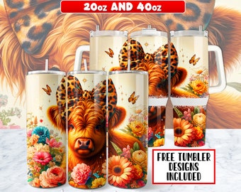 Könnte beinhalten: Zwei Edelstahlbecher mit einem Blumendesign, das eine Highland-Kuh mit einer Schleife im Leopardenmuster zeigt. Die Becher sind in den Größen 20 oz und 40 oz erhältlich. Der Text "Free Tumbler Designs Included" befindet sich am unteren Rand des Bildes.