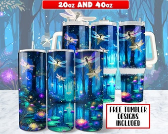20oz och 40oz trollsländor tumbler wrap PNG-design, trollslända 40 oz tumbler wrap och 20 oz smal tumbler wrap sublimeringsdesign, Instant Down