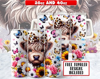 Könnte beinhalten: Zwei Edelstahlbecher mit einem Highland-Cow-Design. Die Becher sind weiß mit einem Blumenmuster und einer niedlichen Highland-Cow mit einer Leoparden-Schleife. Die Becher sind in den Größen 20 oz und 40 oz erhältlich.