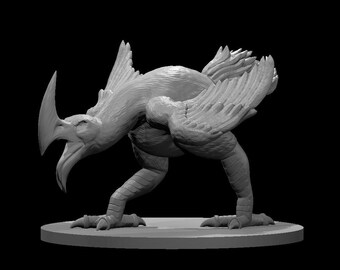 May include: A grayscale sculpture of a creature with avian and reptilian features. It has a large beak, a prominent horn, and feathered wings. The creature is posed on a circular base, with its legs bent as if in motion, against a black background.