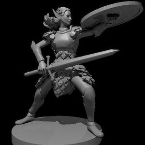 May include: A grayscale figurine of a female warrior in a dynamic pose, holding a sword and shield. The figure is clad in armor with leaf-like details, and stands on a circular base. The warrior has pointed ears and flowing hair.