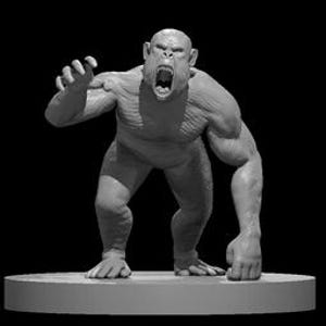 May include: A gray, muscular humanoid figure with a wide open mouth and raised arm. The figure has a bald head and is standing on a circular base. The background is black.