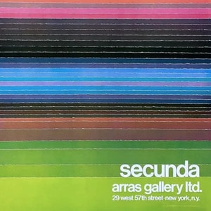 May include: A colourful abstract art print with horizontal stripes in shades of yellow, orange, green, blue, pink, and black. The print has the text "secunda arras gallery ltd. 29 west 57th street - new york, n.y."
