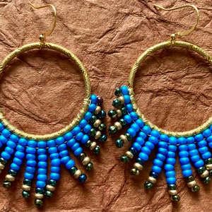 Hand Beaded Gold and Blue Dangle Sunburst Earrings