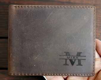 May include: A brown leather wallet with a personalized monogram. The monogram is a large "M" with "MIKE" written underneath it.